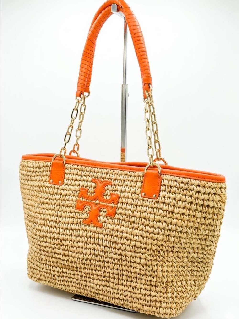 Tory Burch Straw Tote shoulder chain Orange Trim and Gold Chain Handles - Picture 2 of 9